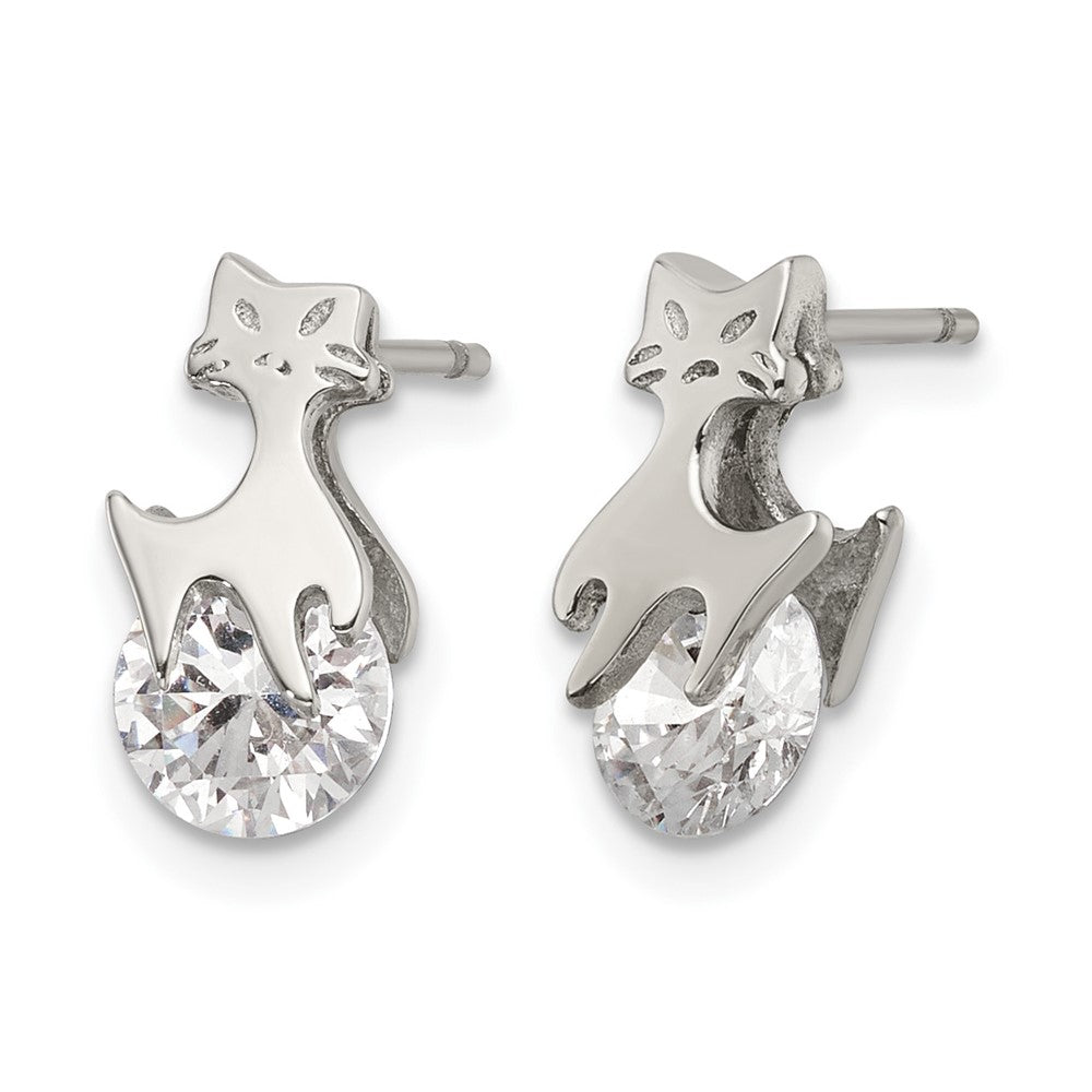 Chisel Stainless Steel Polished Cat with CZ Post Earrings