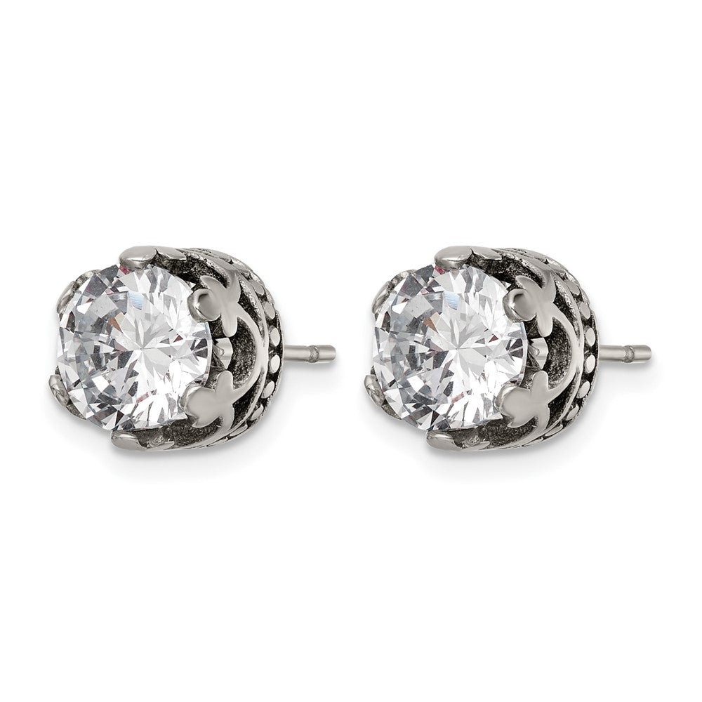 Chisel Stainless Steel Antiqued and Polished CZ Crown Post Earrings