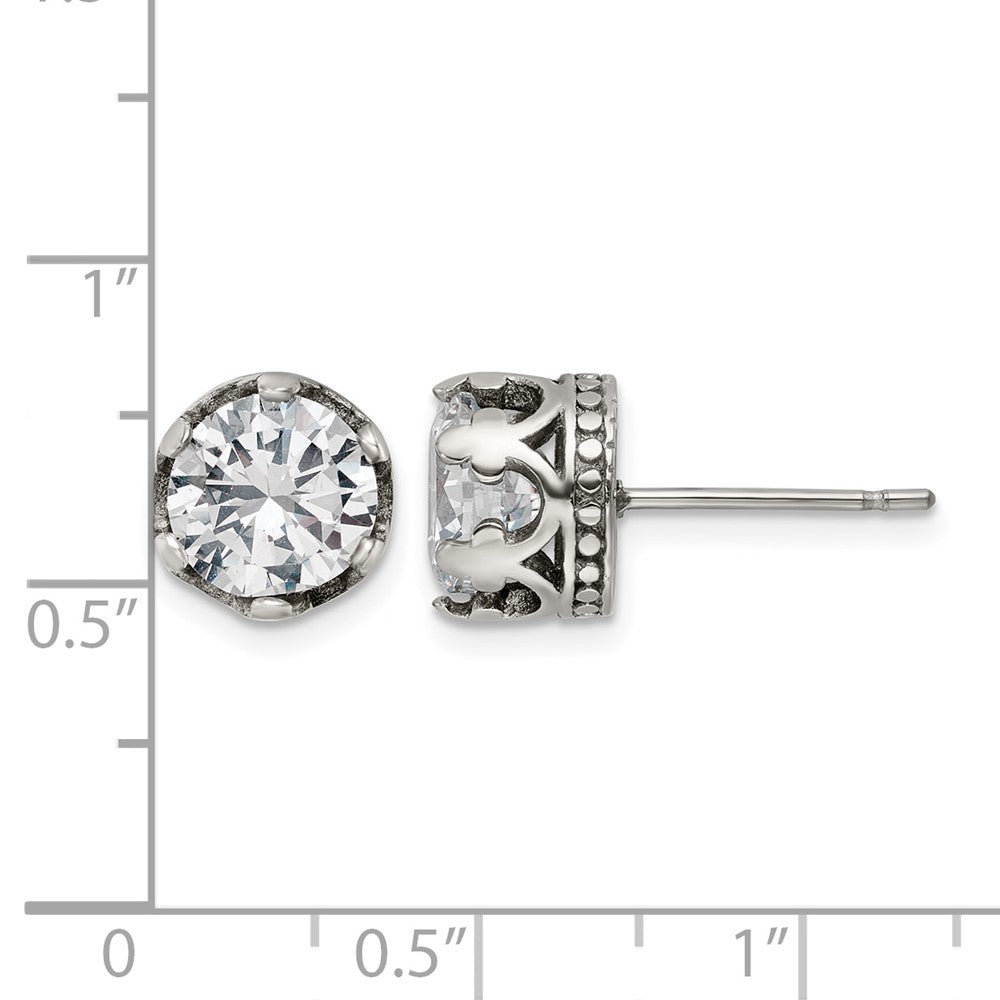 Chisel Stainless Steel Antiqued and Polished CZ Crown Post Earrings