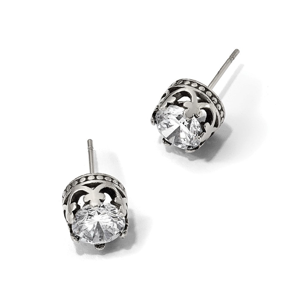 Chisel Stainless Steel Antiqued and Polished CZ Crown Post Earrings