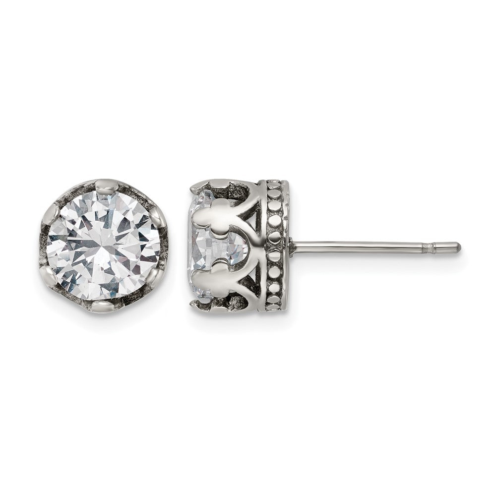 Chisel Stainless Steel Antiqued and Polished CZ Crown Post Earrings