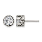 Chisel Stainless Steel Antiqued and Polished CZ Crown Post Earrings