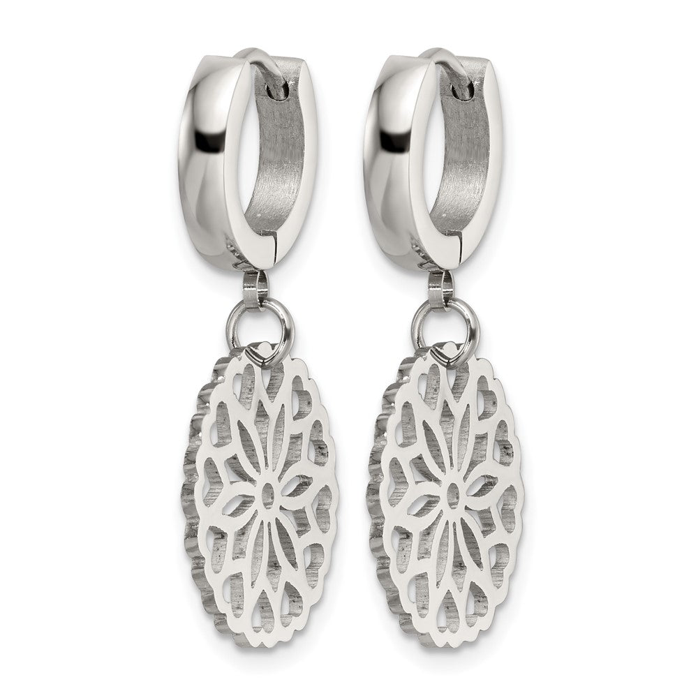 Chisel Stainless Steel Polished Flower Dangle Hinged Hoop Earrings