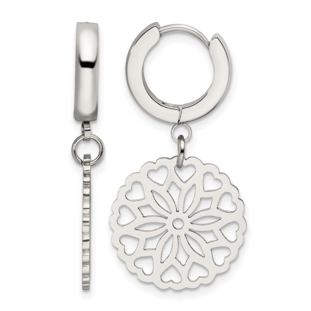Chisel Stainless Steel Polished Flower Dangle Hinged Hoop Earrings