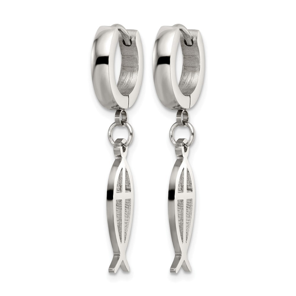 Chisel Stainless Steel Polished Ichthus Hinged Hoop Dangle Earrings