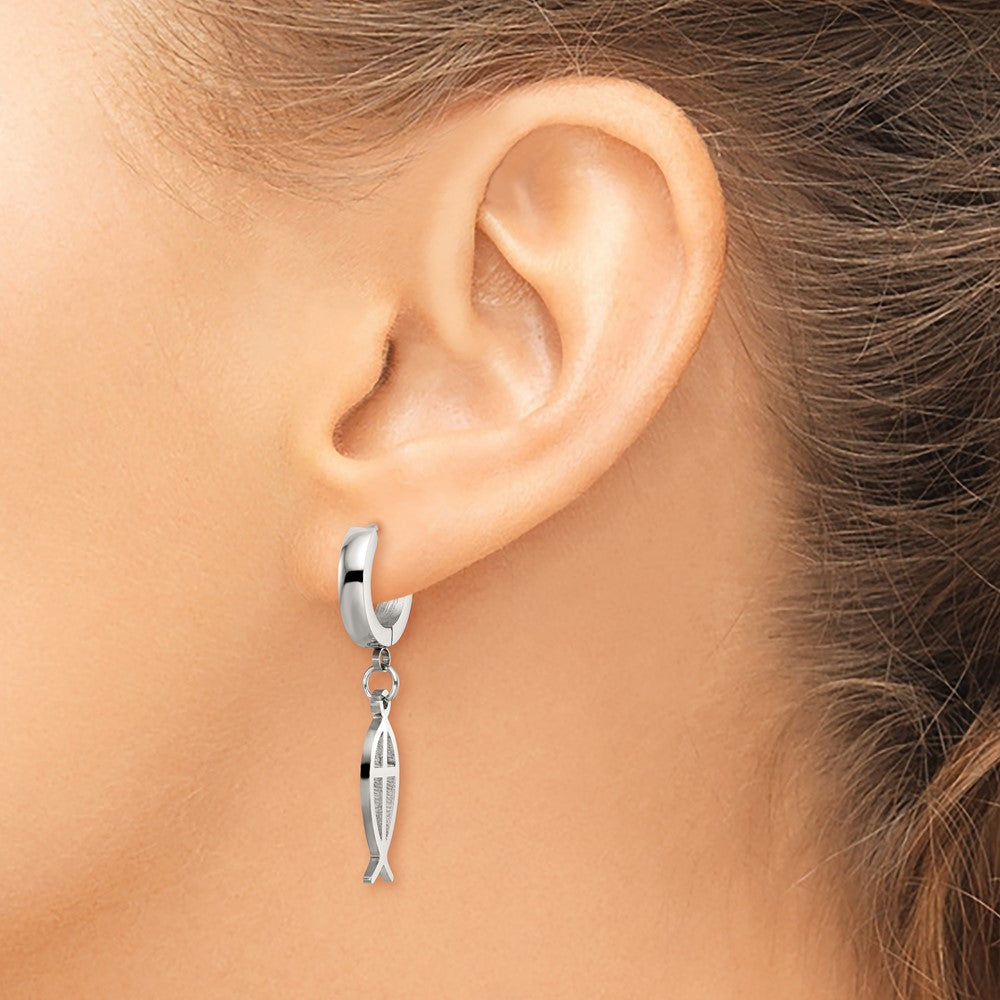 Chisel Stainless Steel Polished Ichthus Hinged Hoop Dangle Earrings