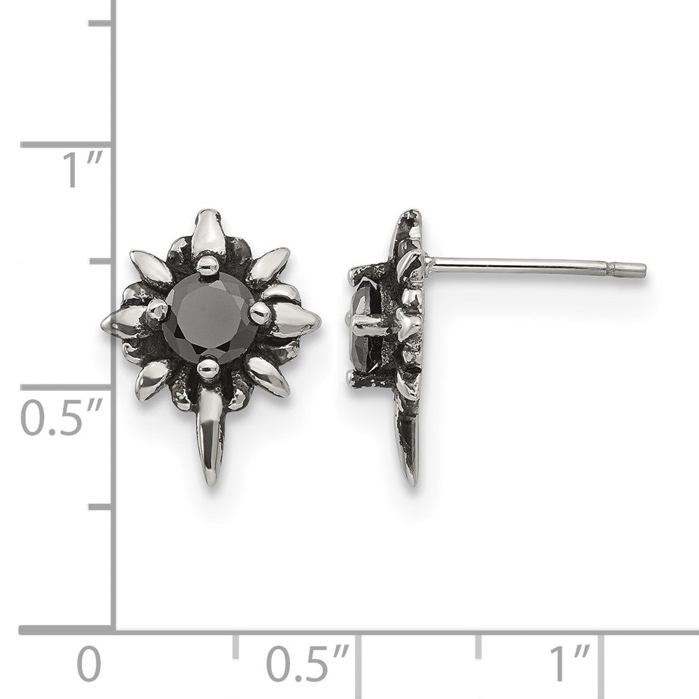 Chisel Stainless Steel Antiqued and Polished with Black CZ Post Earrings