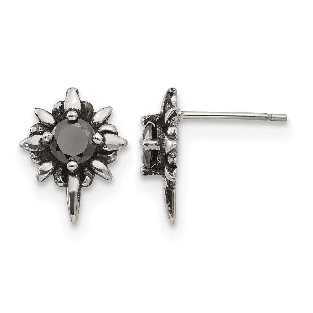 Chisel Stainless Steel Antiqued and Polished with Black CZ Post Earrings