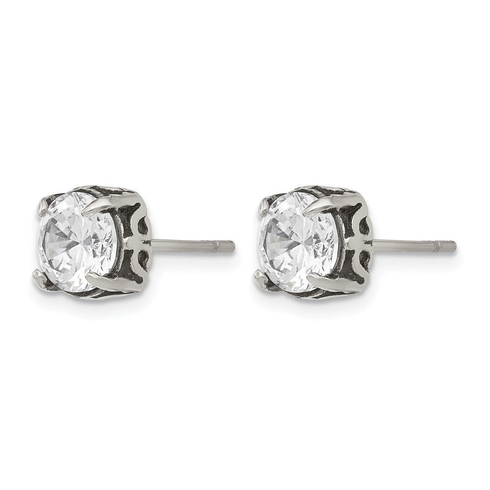 Chisel Stainless Steel Antiqued and Polished CZ Post Earrings