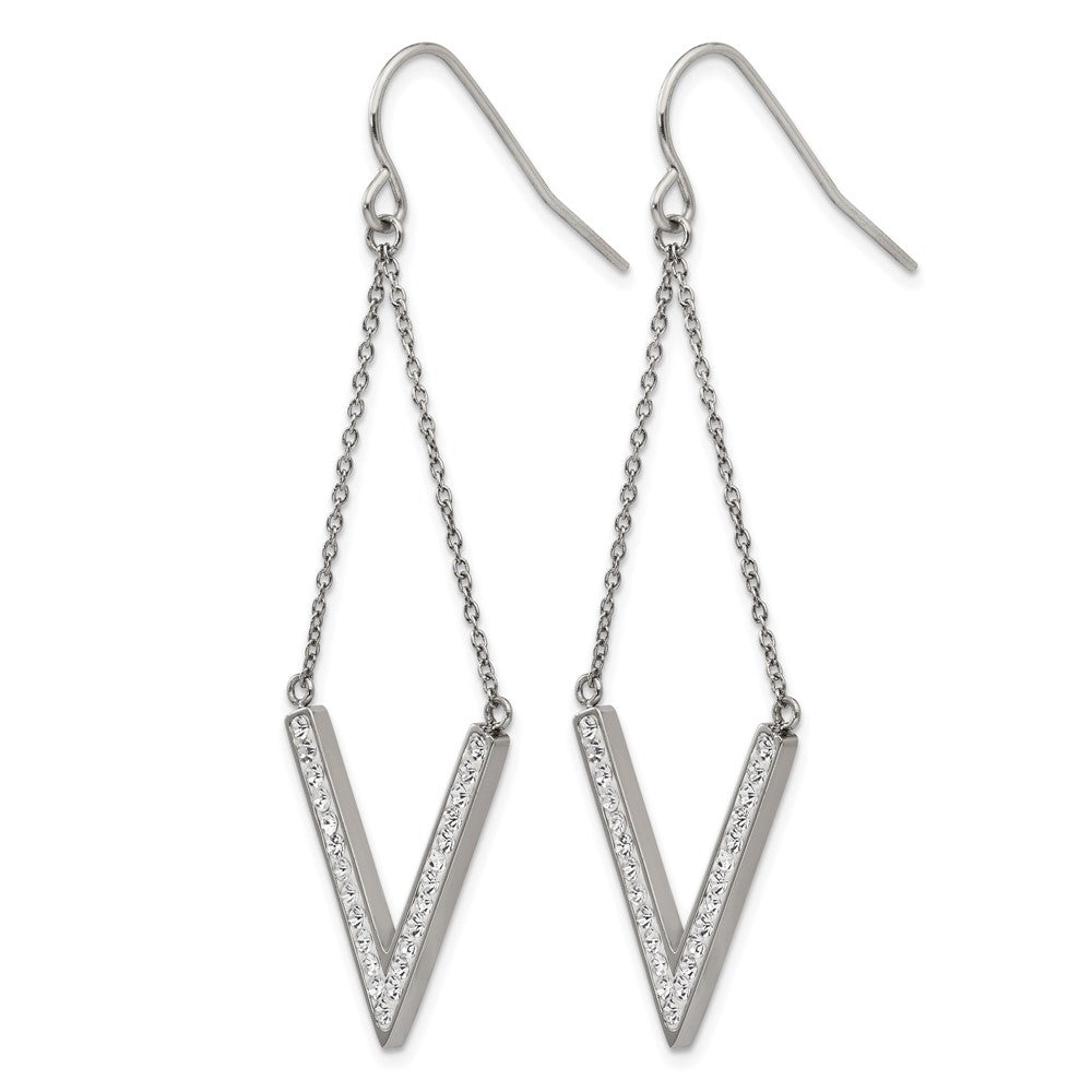 Chisel Stainless Steel Polished with Preciosa Crystal V-shape Dangle Shepherd Hook Earrings