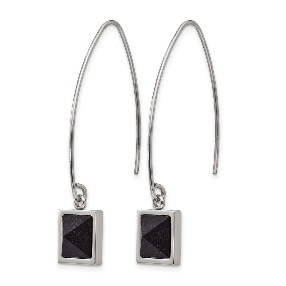 Stainless Steel Polished w/Blk Carbon Fiber Dangle Shepherd Hook Earrings
