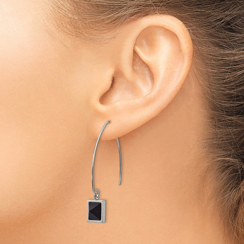 Stainless Steel Polished w/Blk Carbon Fiber Dangle Shepherd Hook Earrings