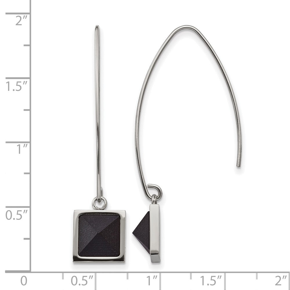 Stainless Steel Polished w/Blk Carbon Fiber Dangle Shepherd Hook Earrings