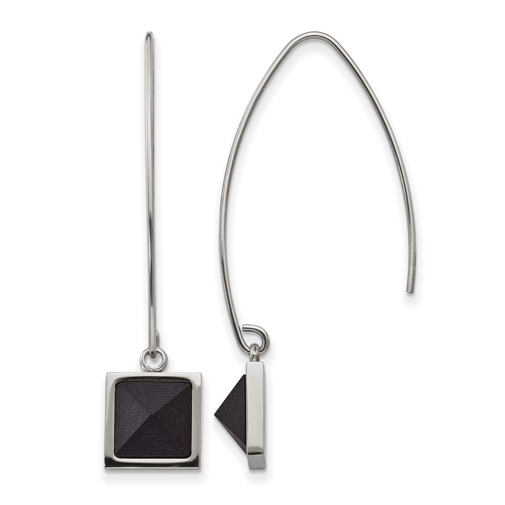 Stainless Steel Polished w/Blk Carbon Fiber Dangle Shepherd Hook Earrings