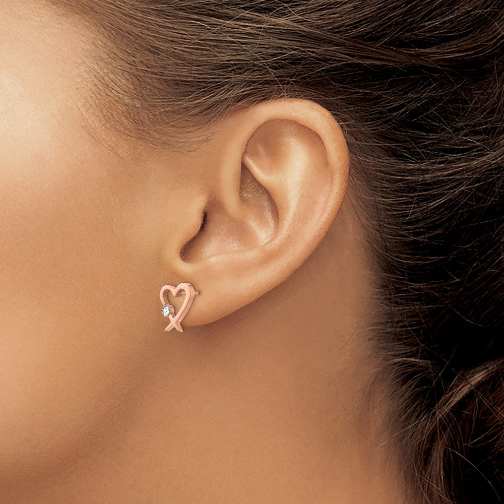 Chisel Stainless Steel Polished Rose IP-plated with Crystal Heart Post Earrings
