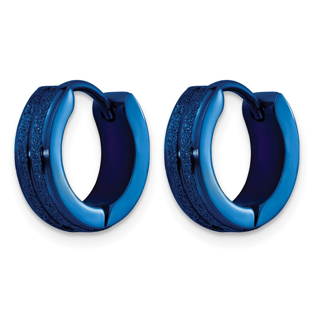 Chisel Stainless Steel Polished Blue IP-plated Laser cut 4mm Hinged Hoop Earrings