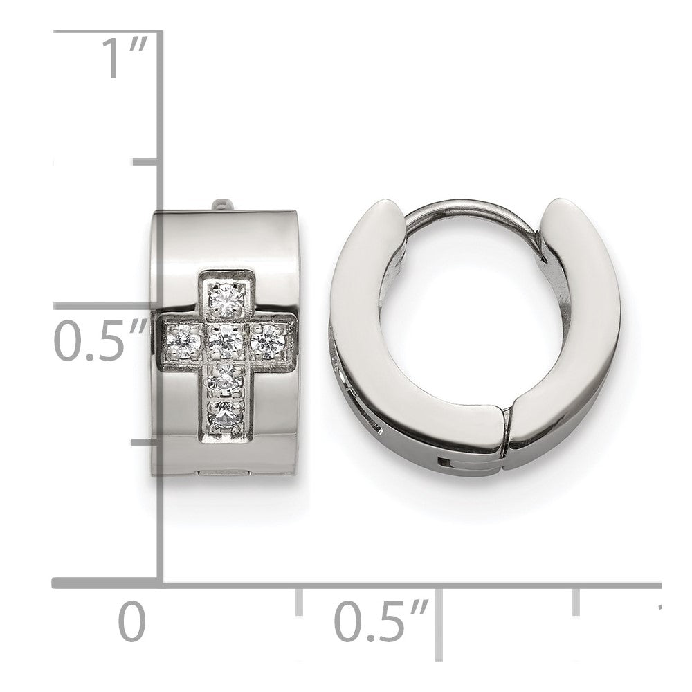 Chisel Stainless Steel Polished with CZ Cross 7mm Hinged Hoop Earrings