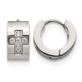 Chisel Stainless Steel Polished with CZ Cross 7mm Hinged Hoop Earrings
