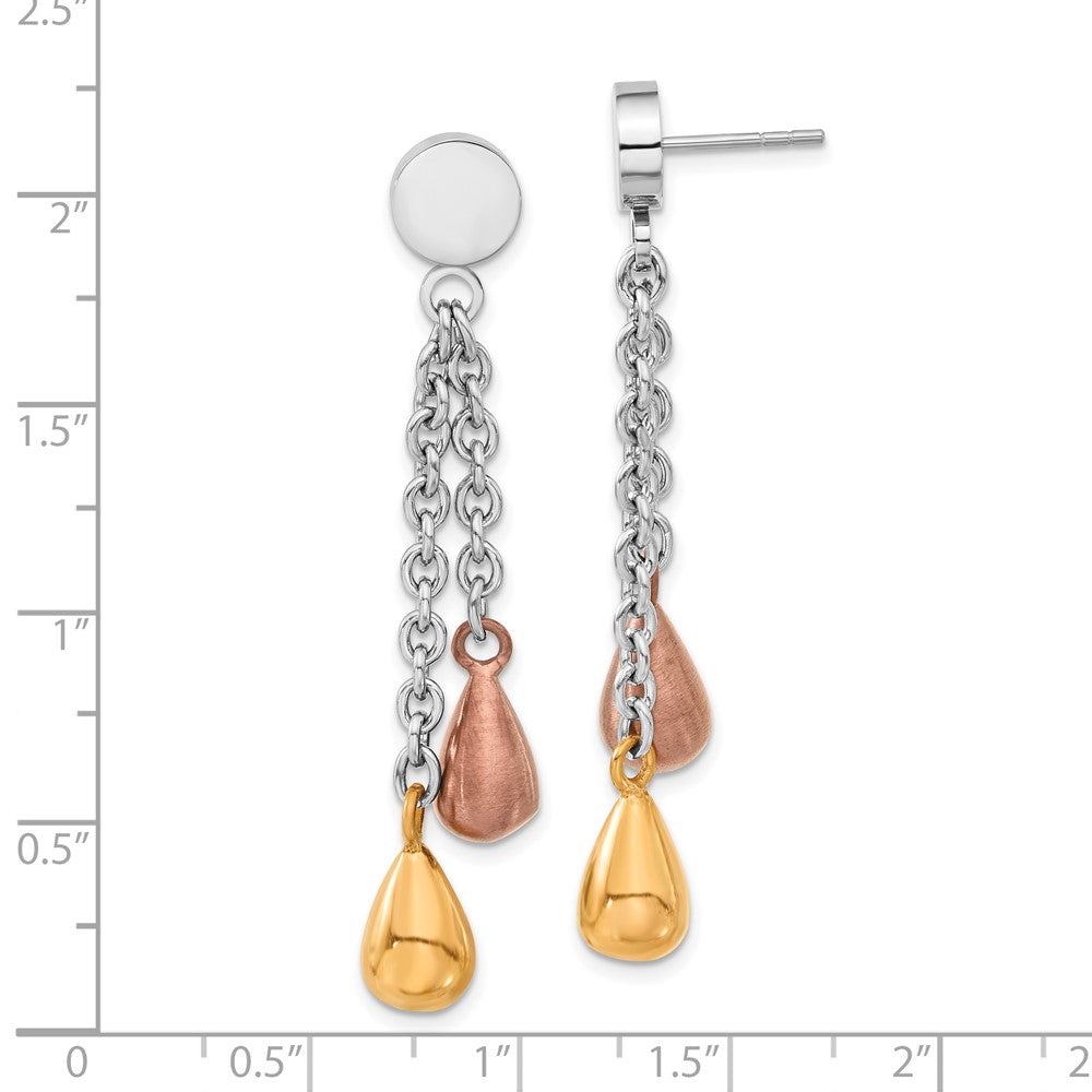 Stainless Steel Rose & Brown IP-plated Teardrops Post Dangle Earrings