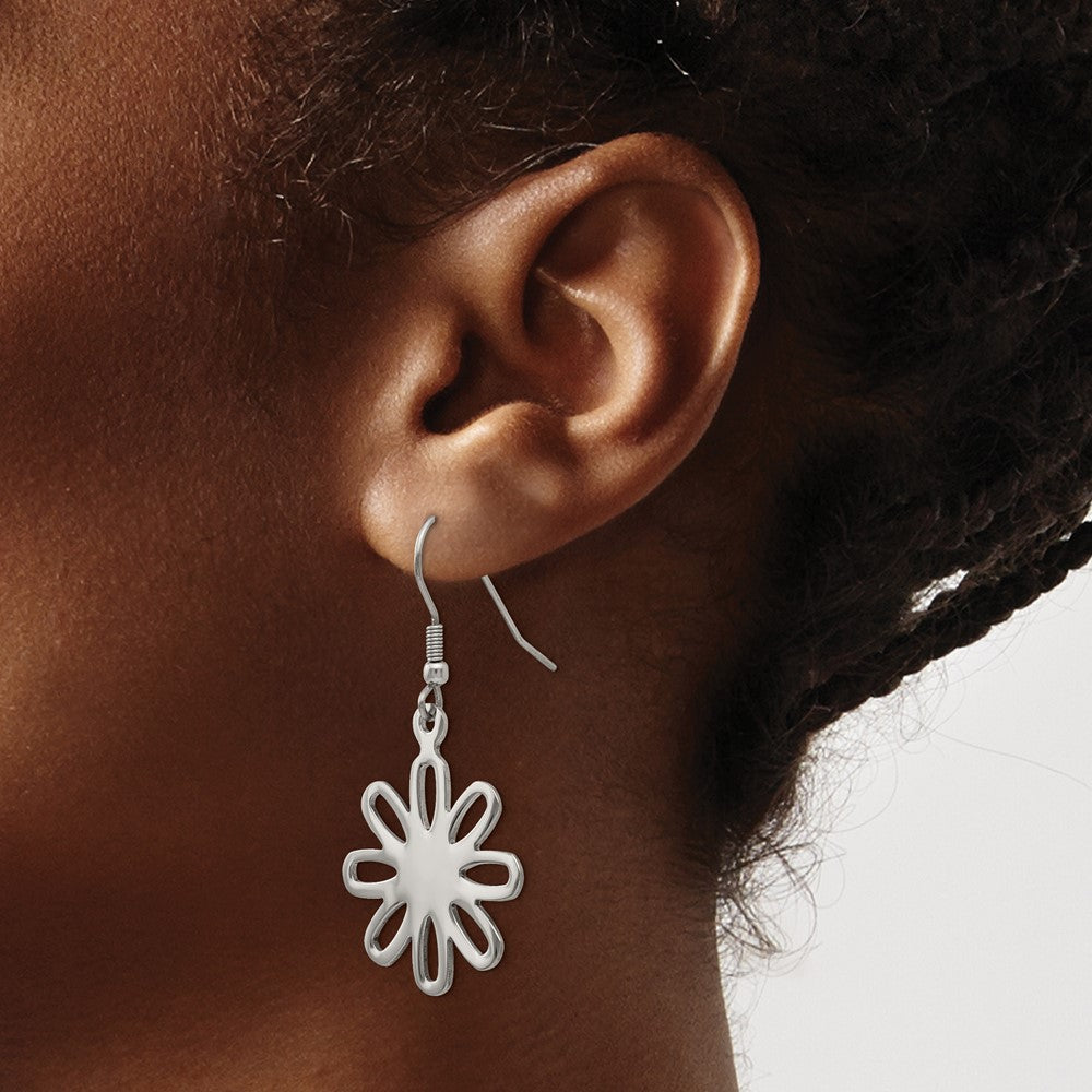 Chisel Stainless Steel Polished Large Flower Dangle Shepherd Hook Earrings