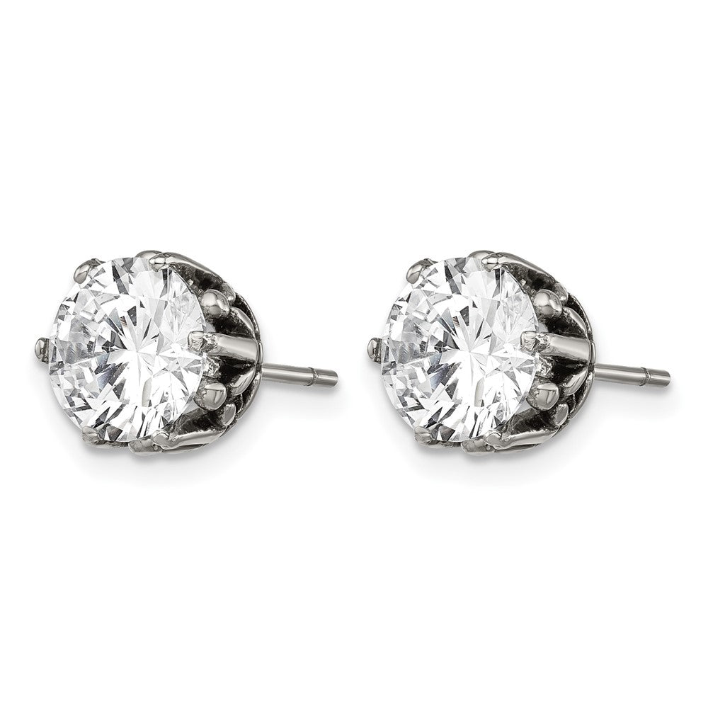 Chisel Stainless Steel Antiqued and Polished Round CZ Post Earrings