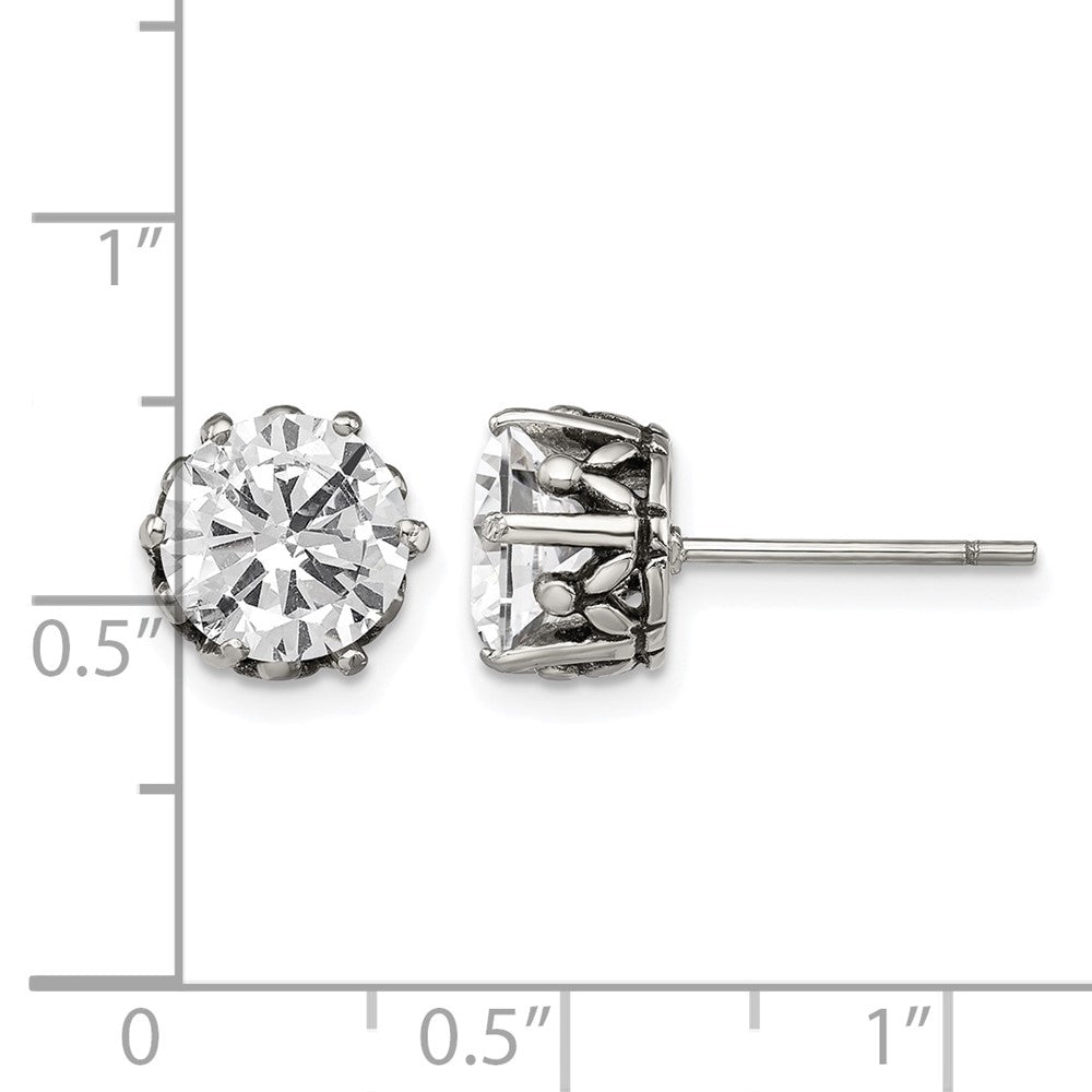 Chisel Stainless Steel Antiqued and Polished Round CZ Post Earrings