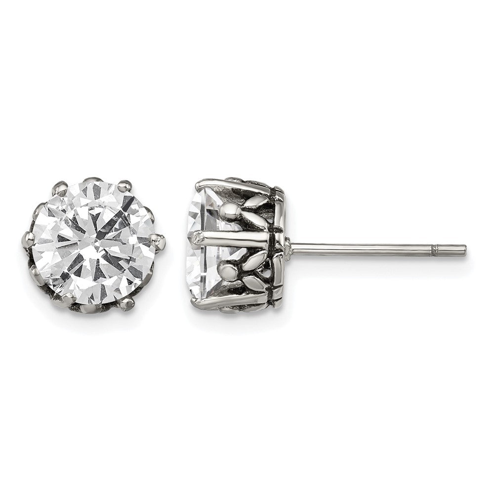 Chisel Stainless Steel Antiqued and Polished Round CZ Post Earrings