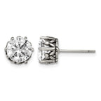 Chisel Stainless Steel Antiqued and Polished Round CZ Post Earrings