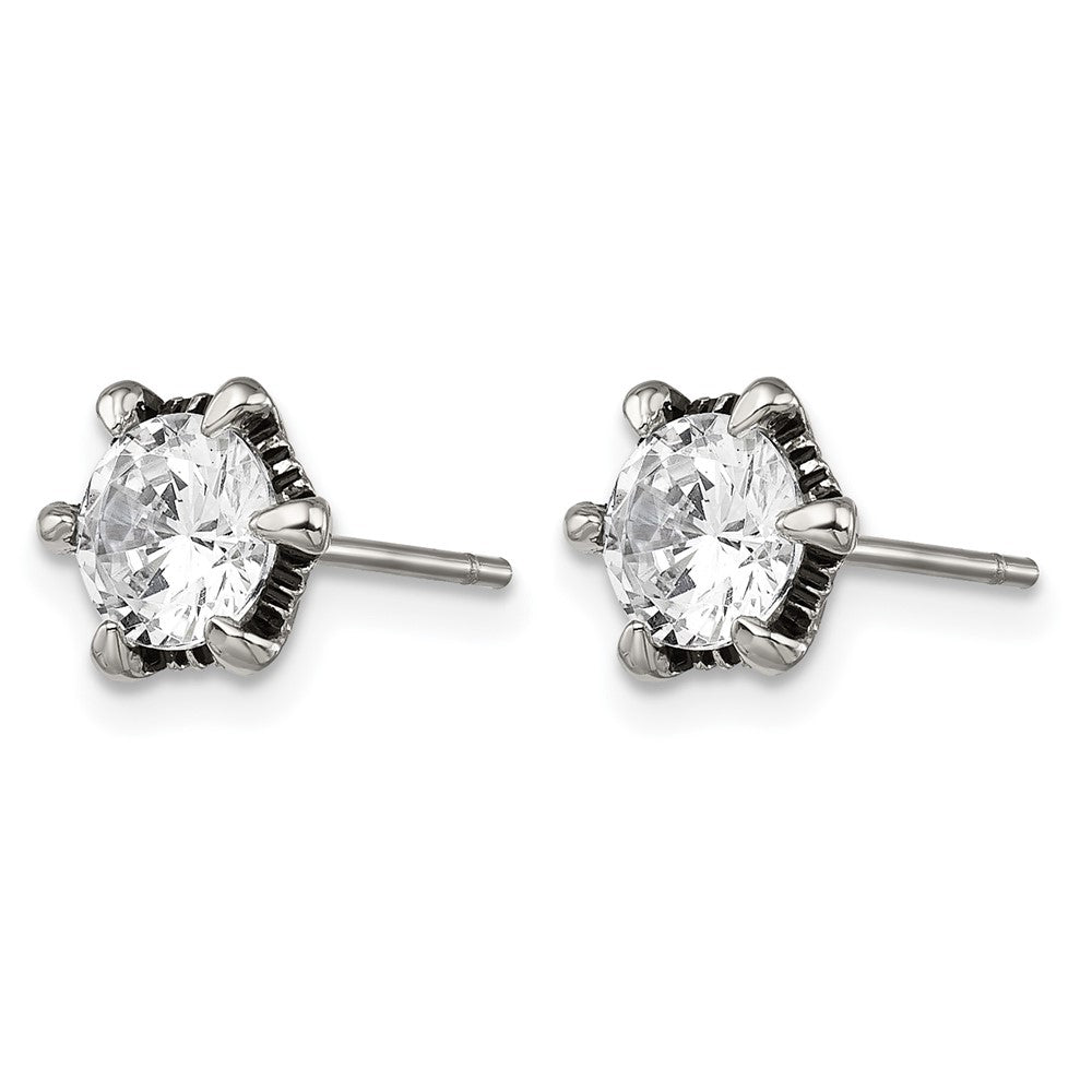 Chisel Stainless Steel Antiqued and Polished CZ Post Earrings