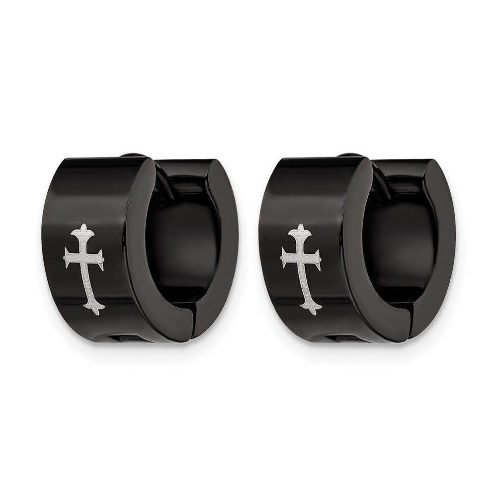 Chisel Stainless Steel Black IP-plated 7mm Hinged Hoop with Cross Earrings