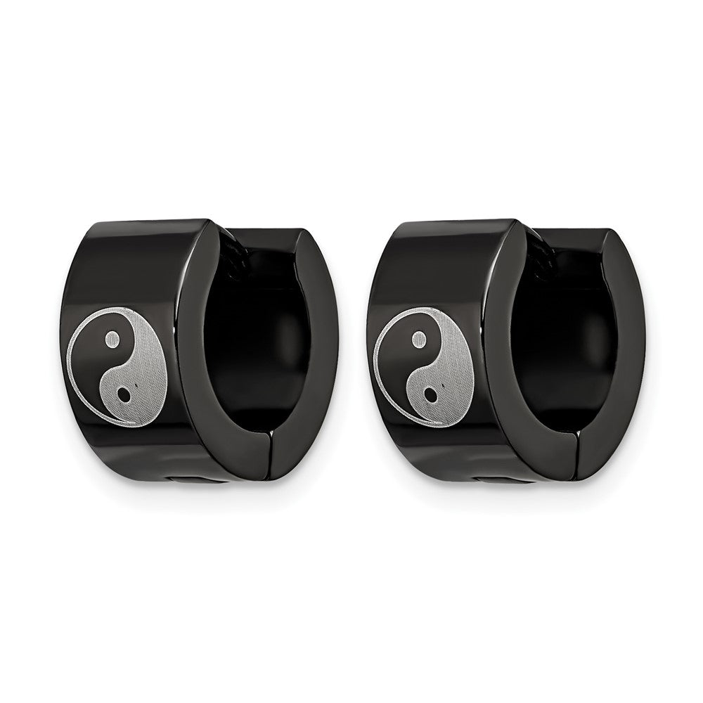 Chisel Stainless Steel Polished Black IP-plated 7mm Hinged Hoop w/Yin Yang Earrings
