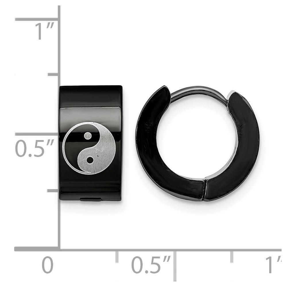 Chisel Stainless Steel Polished Black IP-plated 7mm Hinged Hoop w/Yin Yang Earrings