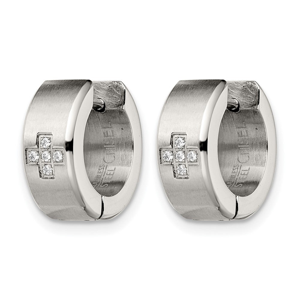 Chisel Stainless Steel Brushed and Polished with CZ 6mm Hinged Hoop Earrings