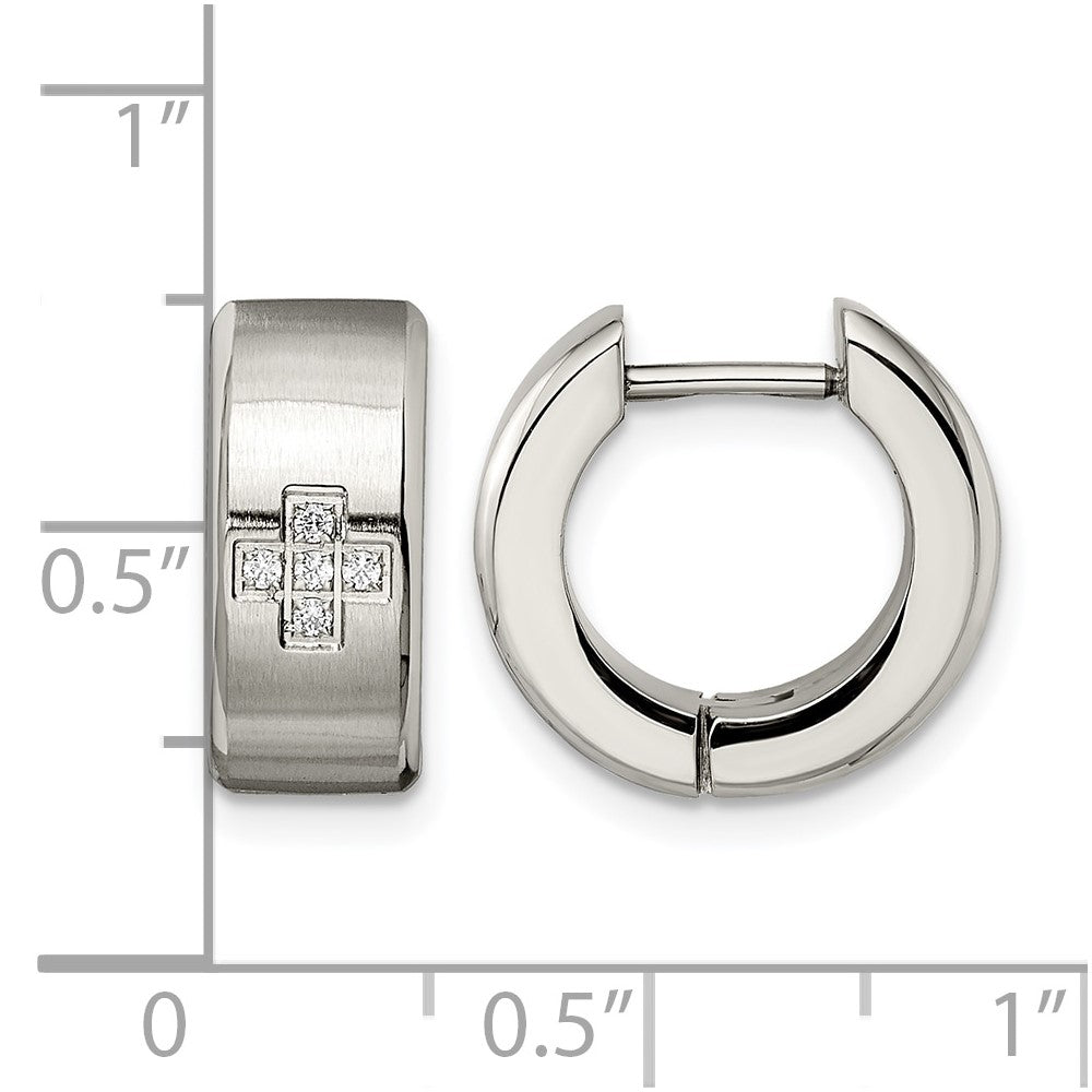 Chisel Stainless Steel Brushed and Polished with CZ 6mm Hinged Hoop Earrings