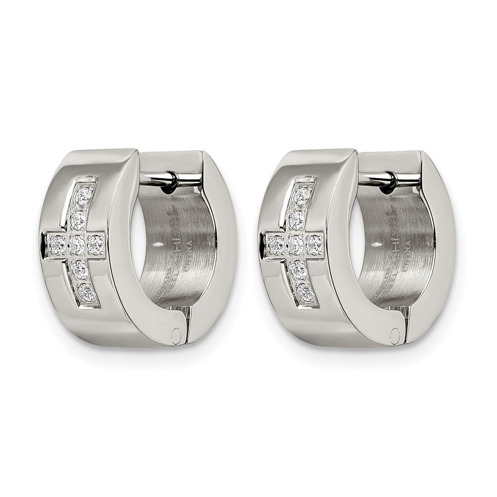 Chisel Stainless Steel Brushed and Polished with CZ Cross 6mm Hinged Hoop Earrings