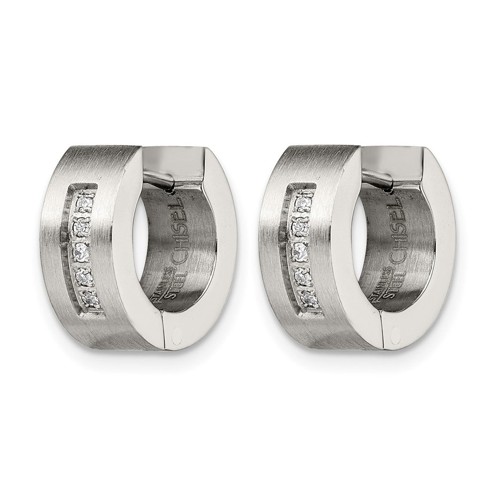 Chisel Stainless Steel Brushed and Polished with CZ 5mm Hinged Hoop Earrings
