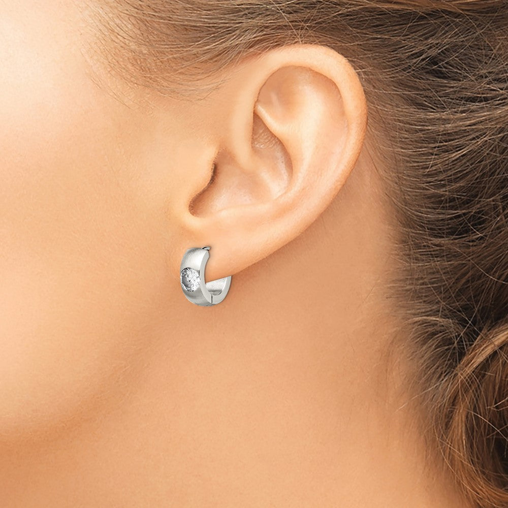 Chisel Stainless Steel Brushed and Polished with CZ Round 7mm Hinged Hoop Earrings