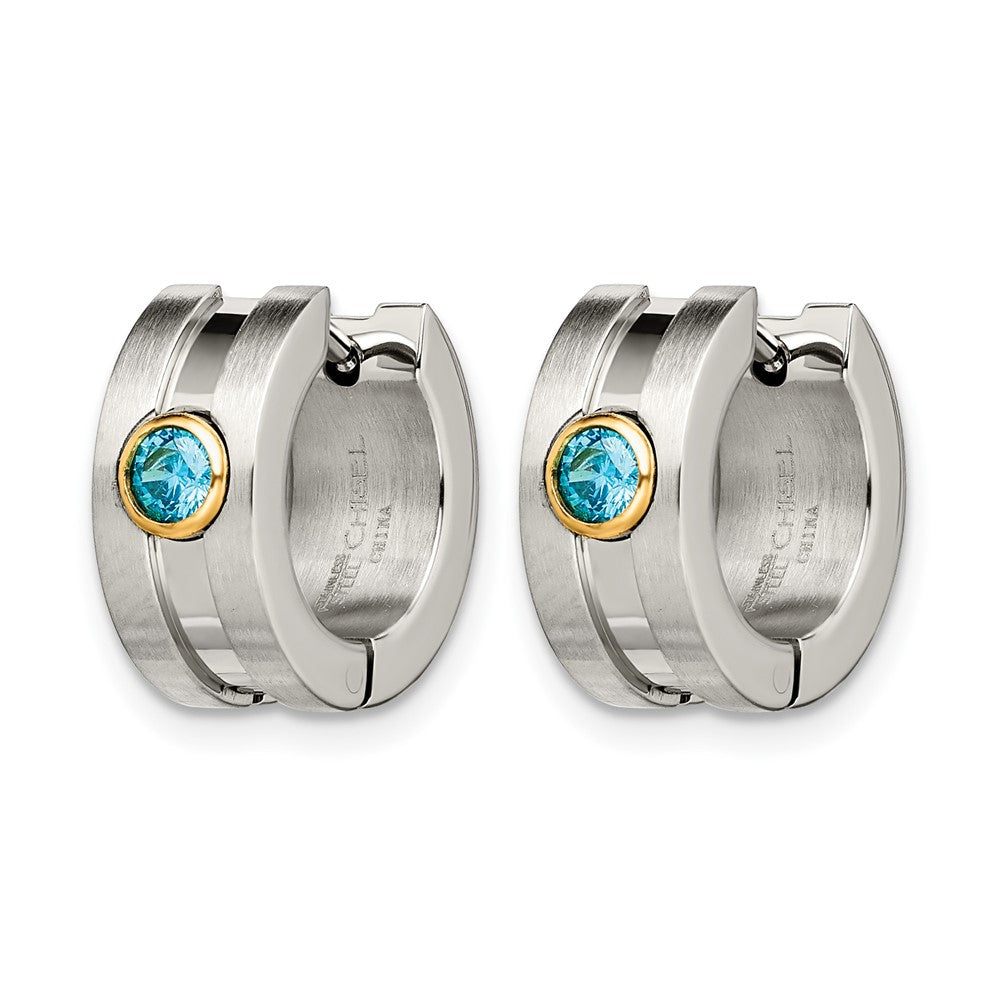 Chisel Stainless Steel Brushed and Polished Yellow IP-plated with Blue CZ Hinged Hoop Earrings