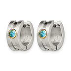 Chisel Stainless Steel Brushed and Polished Yellow IP-plated with Blue CZ Hinged Hoop Earrings