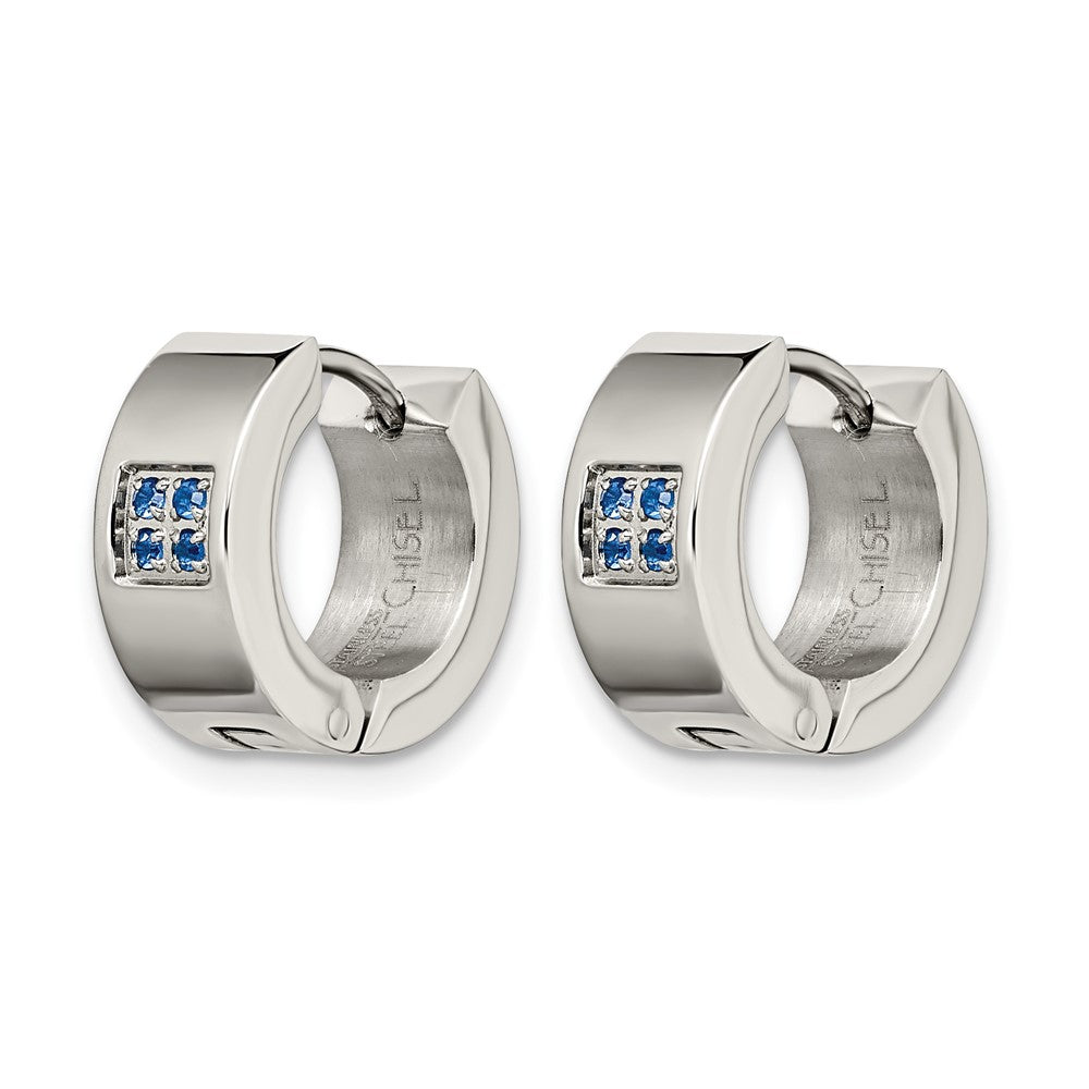 Chisel Stainless Steel Brushed and Polished with Blue CZ 6mm Hinged Hoop Earrings