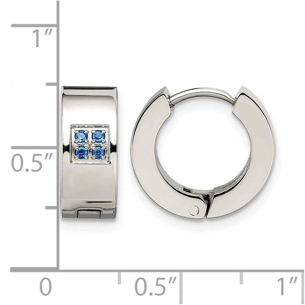 Chisel Stainless Steel Brushed and Polished with Blue CZ 6mm Hinged Hoop Earrings