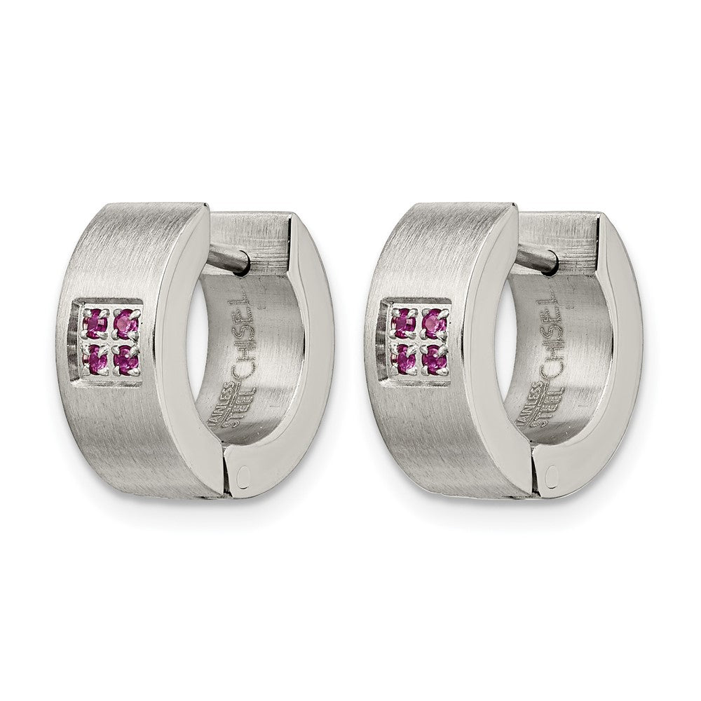 Chisel Stainless Steel Brushed and Polished with Pink CZ 5mm Hinged Hoop Earrings