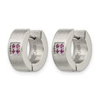Chisel Stainless Steel Brushed and Polished with Pink CZ 5mm Hinged Hoop Earrings