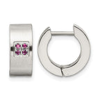 Chisel Stainless Steel Brushed and Polished with Pink CZ 5mm Hinged Hoop Earrings