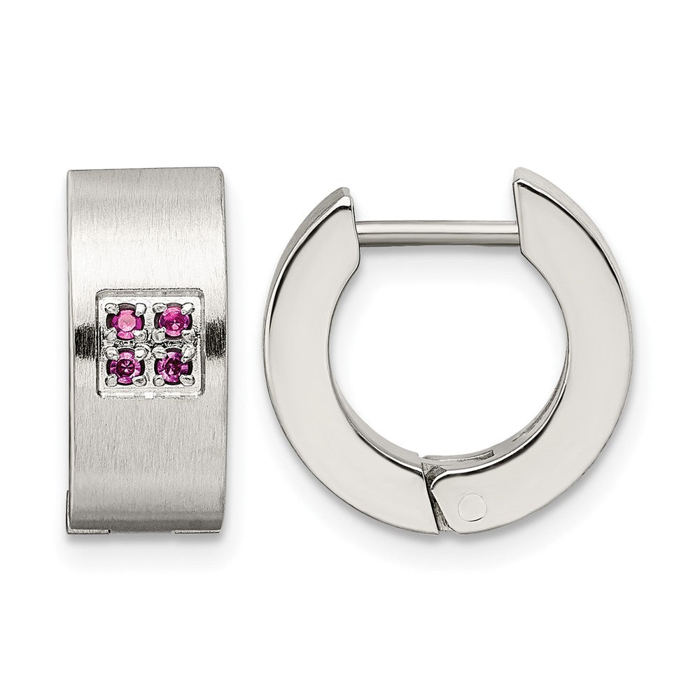 Chisel Stainless Steel Brushed and Polished with Pink CZ 5mm Hinged Hoop Earrings