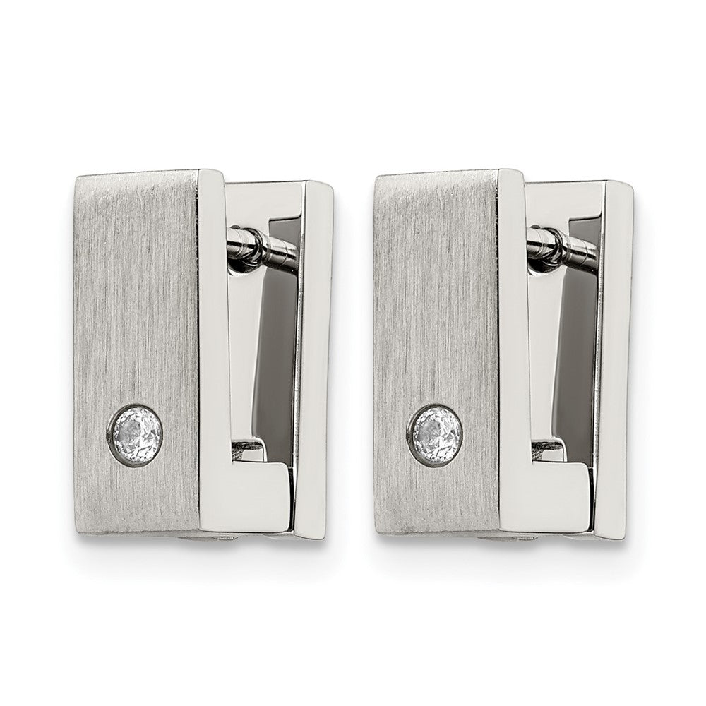 Chisel Stainless Steel Brushed and Polished with CZ 5mm Hinged Square Hoop Earrings