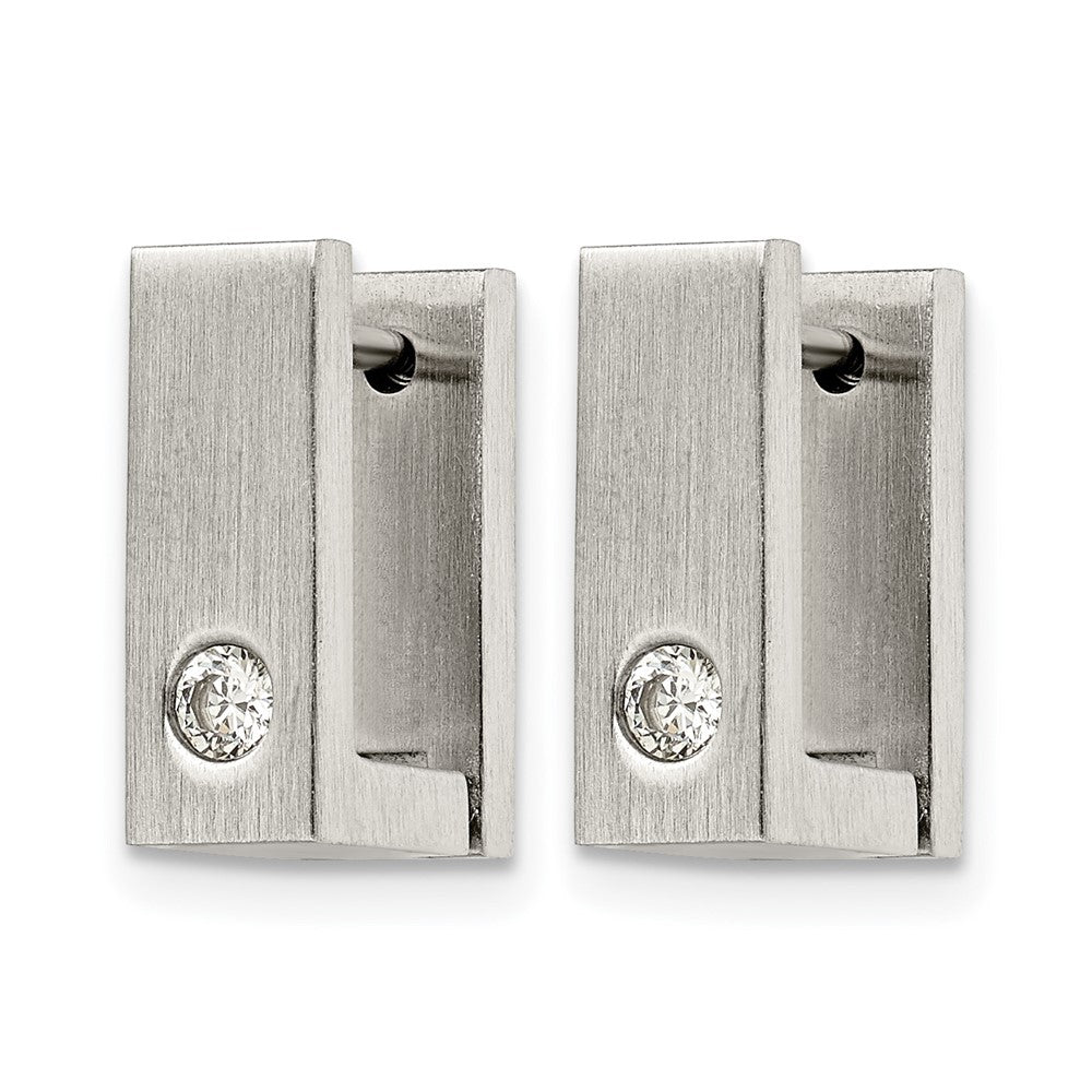 Chisel Stainless Steel Brushed and Polished with CZ 4mm Square Hinged Hoop Earrings