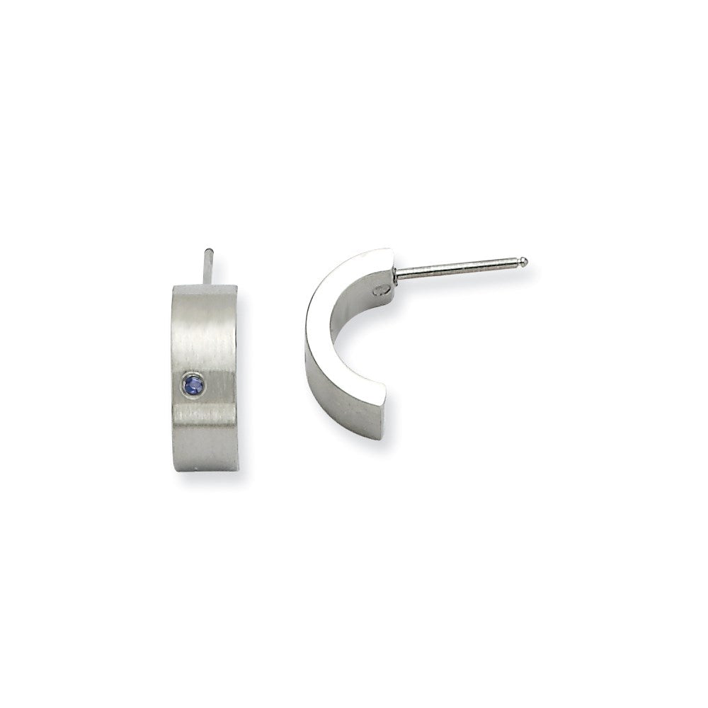 Stainless Steel Blue CZ Brushed & Polished Half Hoop Post Earrings
