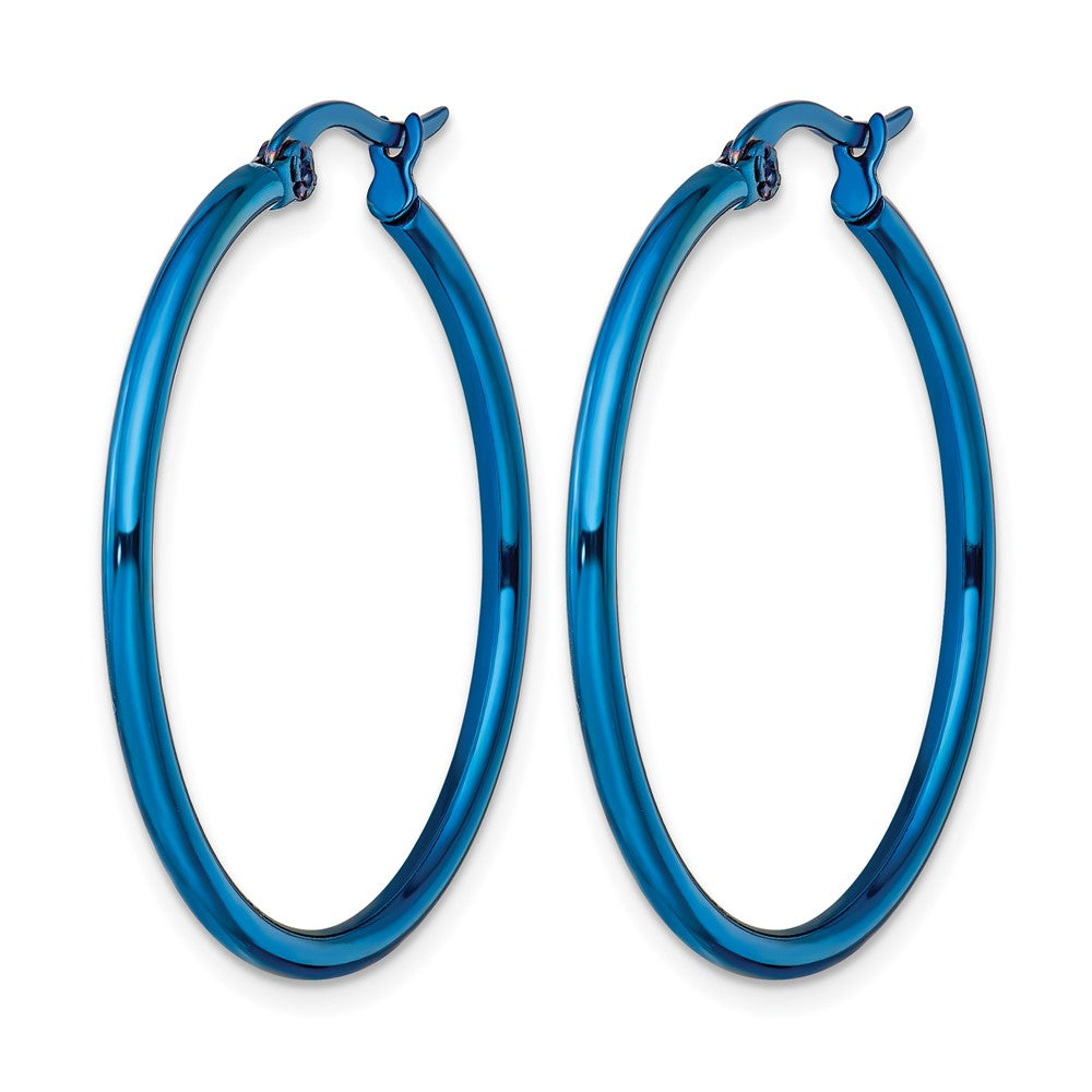 Chisel Stainless Steel Polished Blue IP-plated 32mm Diameter 2mm Hoop Earrings