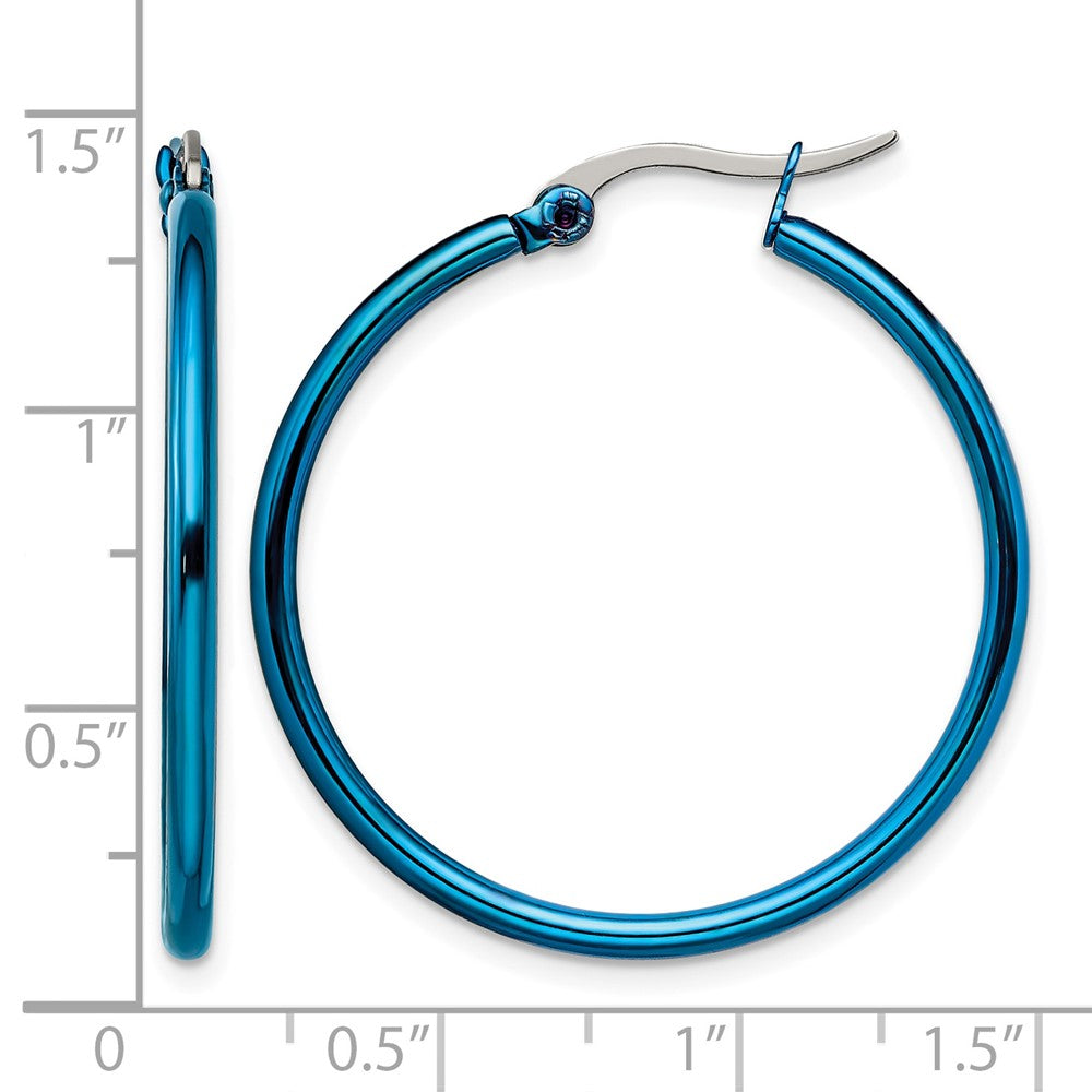 Chisel Stainless Steel Polished Blue IP-plated 32mm Diameter 2mm Hoop Earrings
